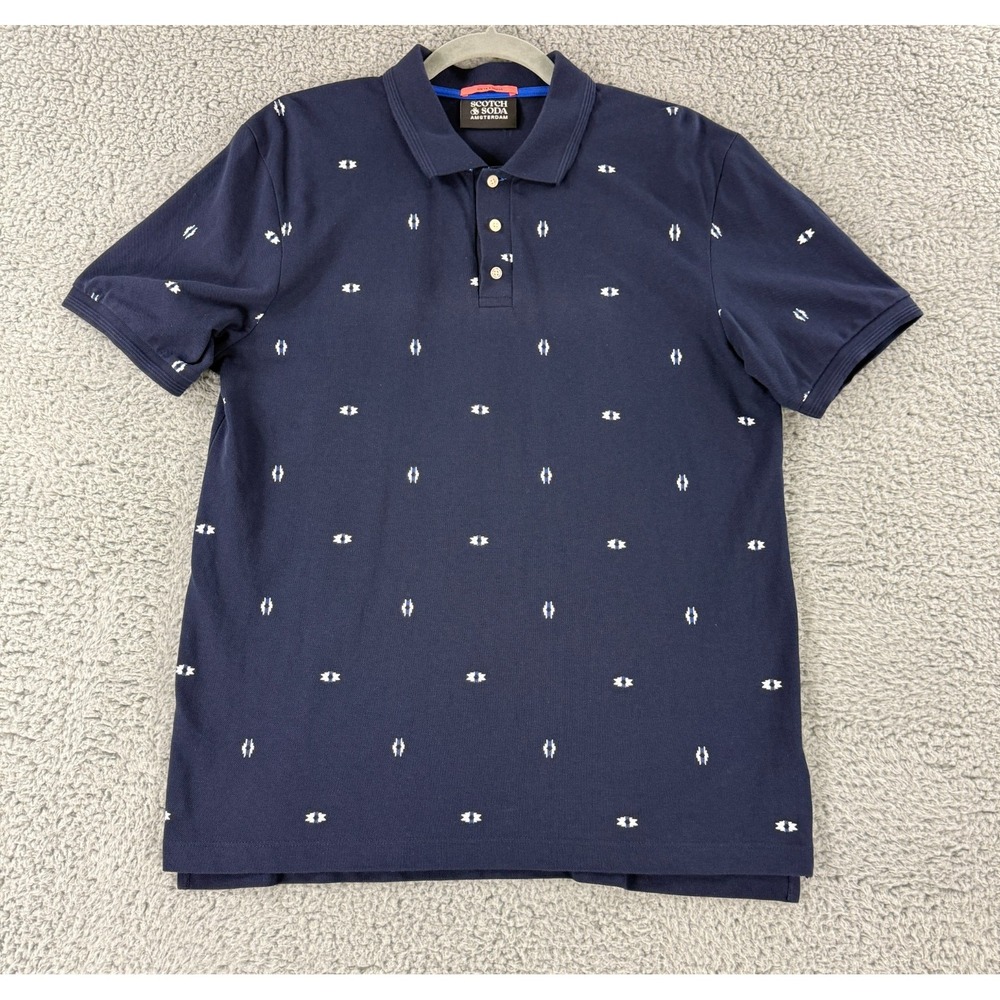 Scotch & Soda Polo Shirt Mens Medium Blue Geo Print Short Sleeve 100% Cotton